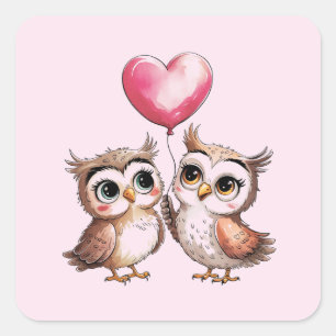 Twee Schattige uilen met een hartballon Vierkante Sticker