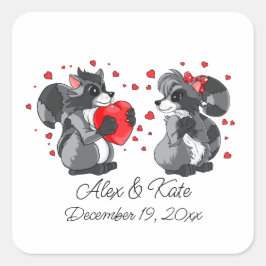 Twee schattige wasberen | Romantische bruiloft Vierkante Sticker