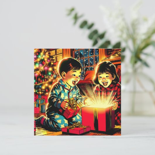 Twee Schattigee  Aziatische kinderen Kerst Feestdagenkaart (Staand voorkant)