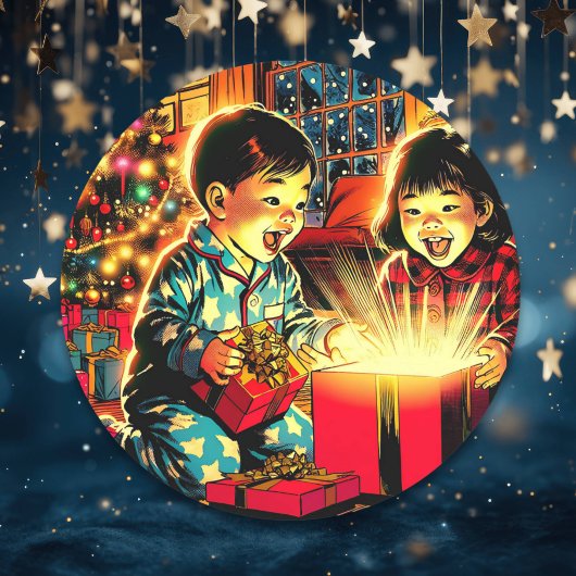 Twee Schattigee Aziatische kinderen Kerst Ronde Sticker