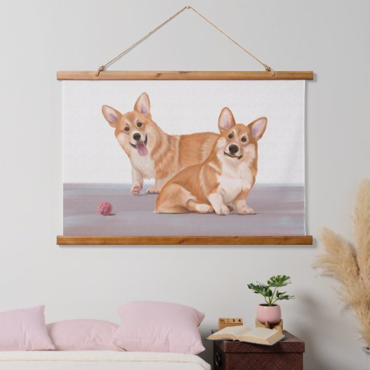 Twee Schattigee corgi’s Hangend Wandkleed (Slaapkamer)