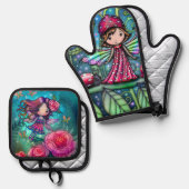 Twee Schattigee Flower Fairies Kunst van Molly Har Ovenwant & Pannenlap Set (Voorkant / Achterkant)