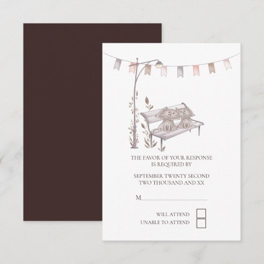 Twee Schattigee Katten op Parkbank RSVP Bruiloft (Voorkant / Achterkant)