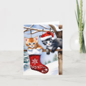 Twee Schattigee Kittens Kerst Kous Rode Pet Blank Kaart (Voorkant)
