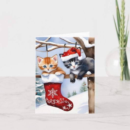 Twee Schattigee Kittens Kerst Kous Rode Pet Blank Kaart (Voorkant)