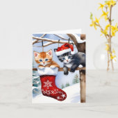 Twee Schattigee Kittens Kerst Kous Rode Pet Blank Kaart (Gele Bloem)