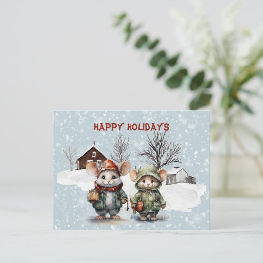 Twee Schattigee kleine muizen op het Boerderij Pre Feestdagenkaart (Staand voorkant)