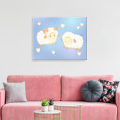 Twee Schattigee kleine schapenrammen op blauw Canvas Afdruk (Insitu (Woonkamer))