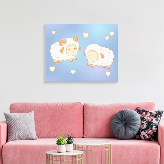Twee Schattigee kleine schapenrammen op blauw Canvas Afdruk (Insitu (Woonkamer))