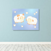 Twee Schattigee kleine schapenrammen op blauw Canvas Afdruk (Insitu (Houten vloer))