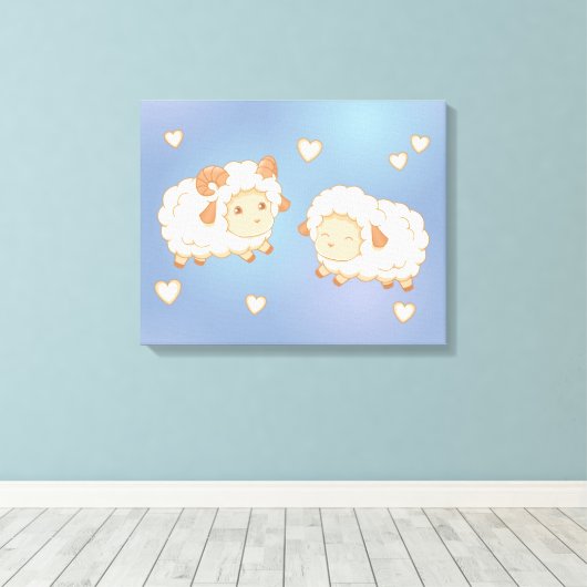 Twee Schattigee kleine schapenrammen op blauw Canvas Afdruk (Insitu (Houten vloer))