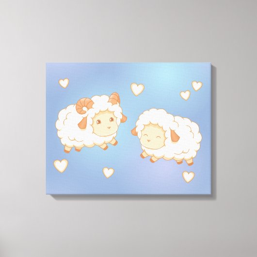 Twee Schattigee kleine schapenrammen op blauw Canvas Afdruk (Voorkant)
