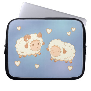 Twee Schattigee kleine schapenrammen op blauw Laptop Sleeve