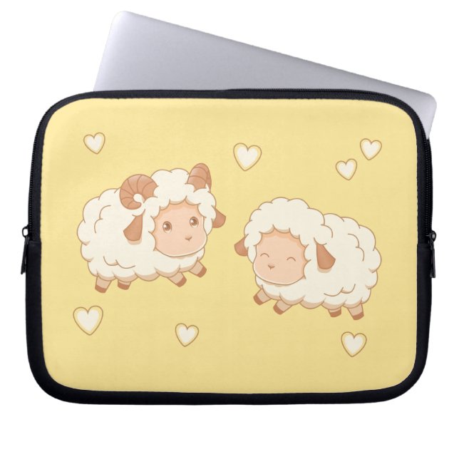 Twee Schattigee kleine schapenrammen op geel Laptop Sleeve (Voorkant)