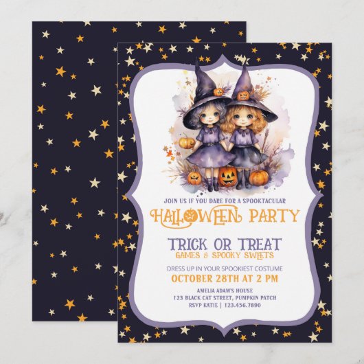 Twee Schattigee Paarse Waterverf heksen Kaart (Voorkant / Achterkant)