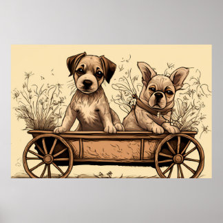 Twee Schattigee Puppies in een wagen Poster