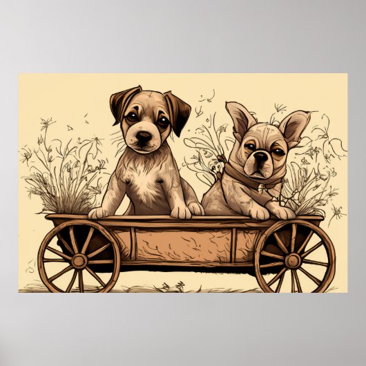 Twee Schattigee Puppies in een wagen Poster (Voorkant)