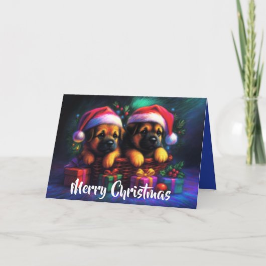 Twee Schattigee Puppies in Santa Hats Feestdagen Kaart (Voorkant)