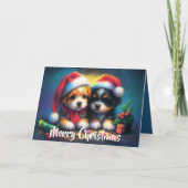 Twee Schattigee Puppies in Santa Hats Feestdagen Kaart (Voorkant)