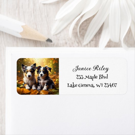 Twee Schattigee Puppies spelen in herfst bladeren Etiket (Insitu)