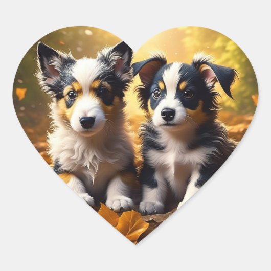 Twee Schattigee Puppies spelen in herfst bladeren Hart Sticker (Voorkant)