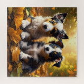 Twee Schattigee Puppies spelen in herfst bladeren Legpuzzel (Horizontaal)