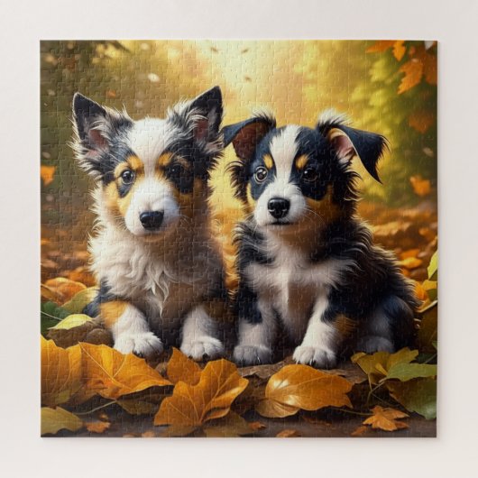 Twee Schattigee Puppies spelen in herfst bladeren Legpuzzel (Verticaal)