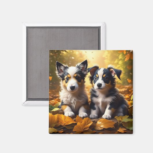 Twee Schattigee Puppies spelen in herfst bladeren Magneet (Voorkant / Achterkant)