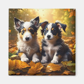 Twee Schattigee Puppies spelen in herfst bladeren Magneet (Voorkant)