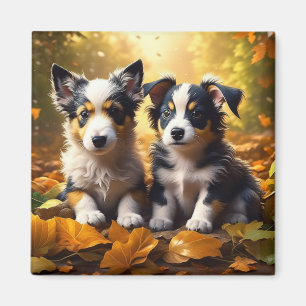 Twee Schattigee Puppies spelen in herfst bladeren Magneet