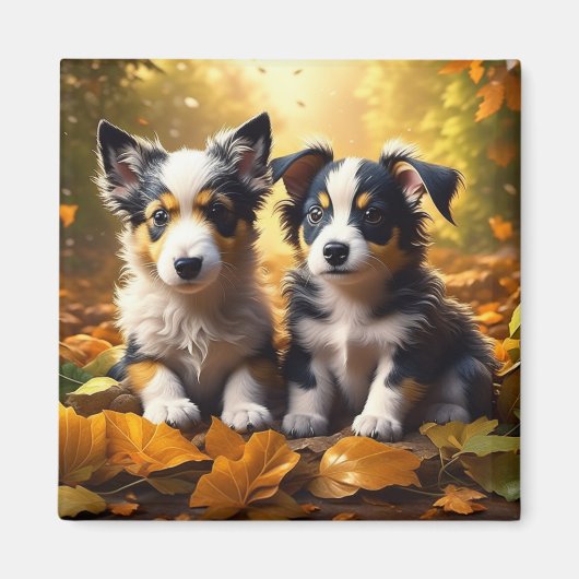Twee Schattigee Puppies spelen in herfst bladeren Magneet (Voorkant)