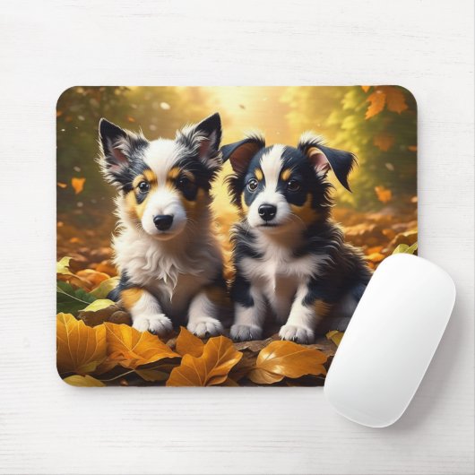 Twee Schattigee Puppies spelen in herfst bladeren Muismat (Met muis)