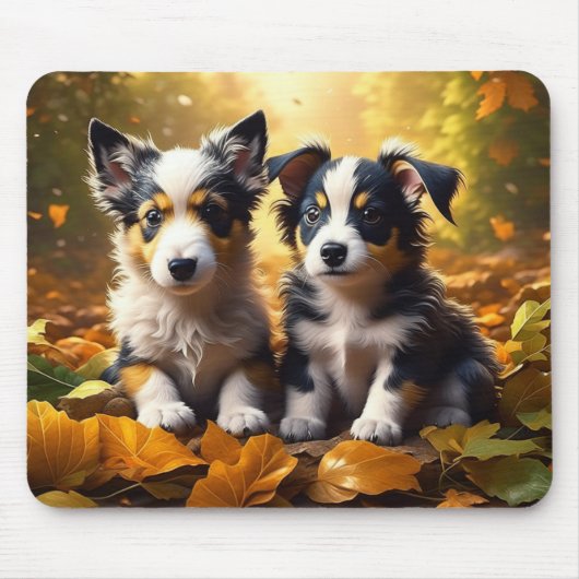 Twee Schattigee Puppies spelen in herfst bladeren Muismat (Voorkant)