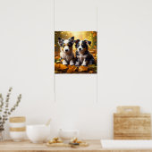 Twee Schattigee Puppies spelen in herfst bladeren Poster (Keuken)