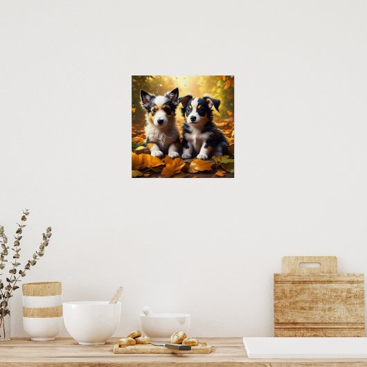 Twee Schattigee Puppies spelen in herfst bladeren Poster (Keuken)