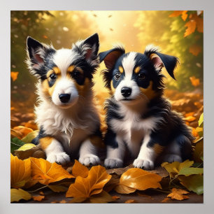 Twee Schattigee Puppies spelen in herfst bladeren Poster