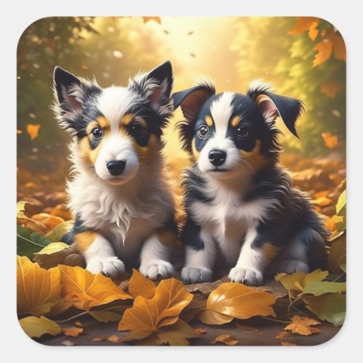 Twee Schattigee Puppies spelen in herfst bladeren Vierkante Sticker (Voorkant)