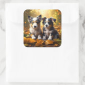 Twee Schattigee Puppies spelen in herfst bladeren Vierkante Sticker (Tas)