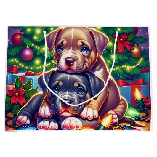 Twee Schattigee Puppies spelen onder de kerstboom Groot Cadeauzakje (Voorkant)