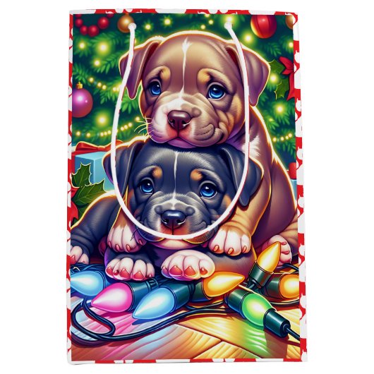 Twee Schattigee Puppies spelen onder de kerstboom Medium Cadeauzakje (Voorkant)