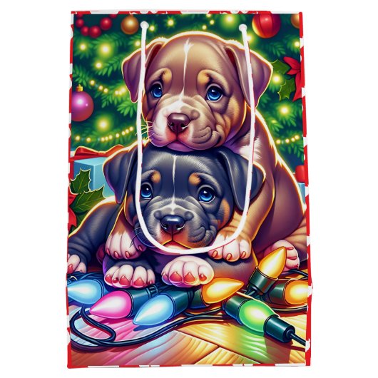 Twee Schattigee Puppies spelen onder de kerstboom Medium Cadeauzakje (Achterkant)