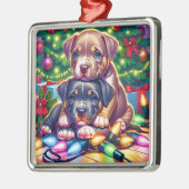 Twee Schattigee Puppies spelen onder de kerstboom Metalen Ornament (Links)