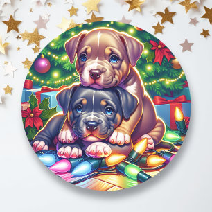 Twee Schattigee Puppies spelen onder de kerstboom Ronde Sticker