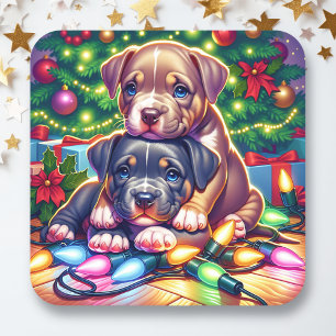 Twee Schattigee Puppies spelen onder de kerstboom Vierkante Sticker