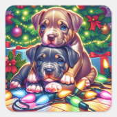 Twee Schattigee Puppies spelen onder de kerstboom Vierkante Sticker (Voorkant)