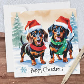 Twee Schattigee Teckel Puppies Pet Dog Puppy Kerst Feestdagenkaart