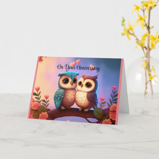 Twee Schattigee Uilen Jubileum Wenskaart Kaart (Gele Bloem)