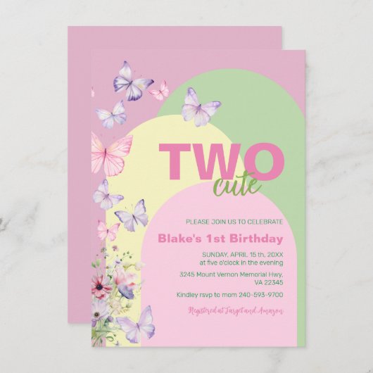 Twee Schattigee vlinder verjaardagsuitnodiging (Voorkant / Achterkant)