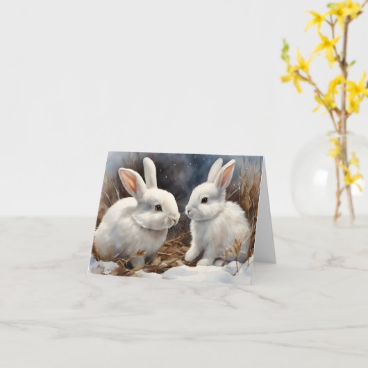 Twee Schattigee witte konijnenkonijnen in Sneeuwbl Kaart (Gele Bloem)