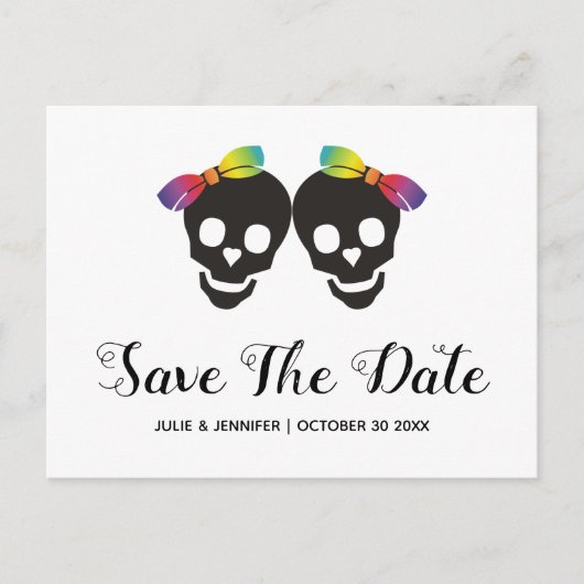 Twee schedel bruiden, confetti lesbische Save the  Aankondigingskaart (Voorkant)